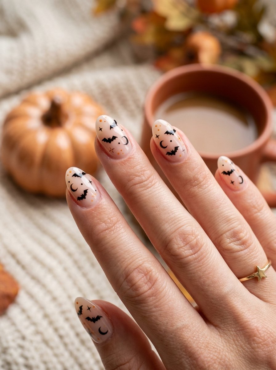 Nude nails with a small black bat silhouette accent