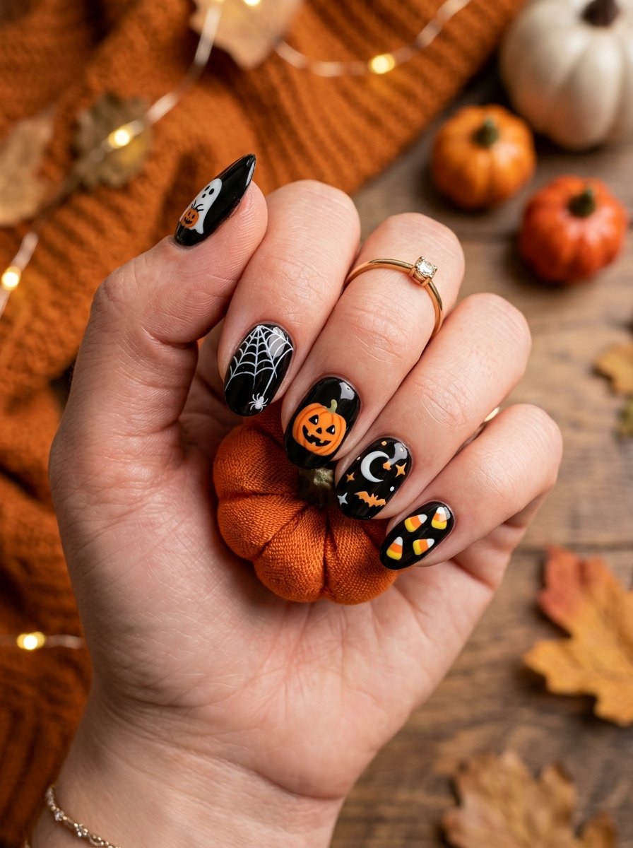 Black nails with bright orange jack-o-lantern faces painted on