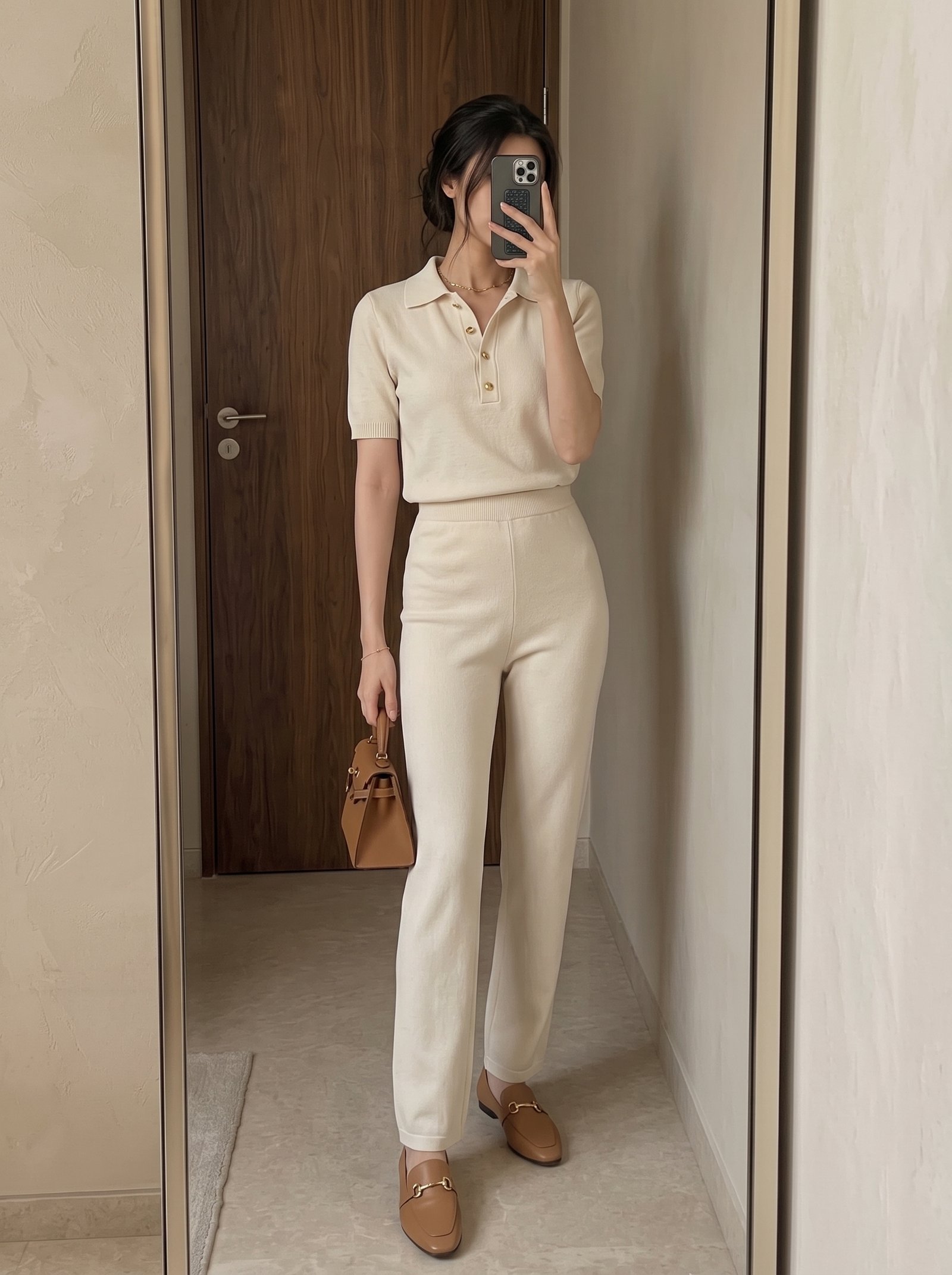 Beige linen short-sleeve shirt tucked into matching wide-leg trousers with loafers