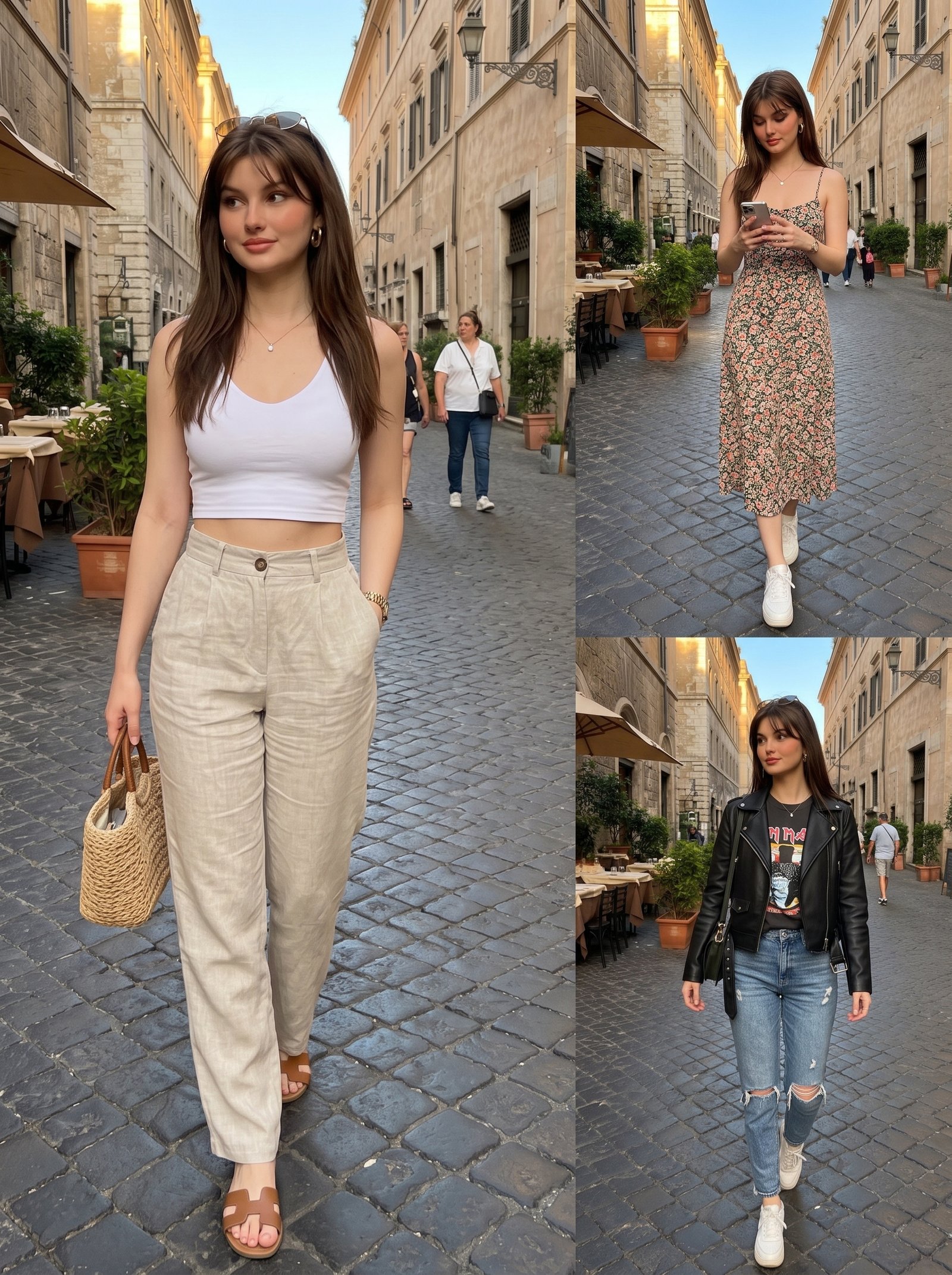Beige high-waisted wide-leg trousers with a fitted white top and sandals