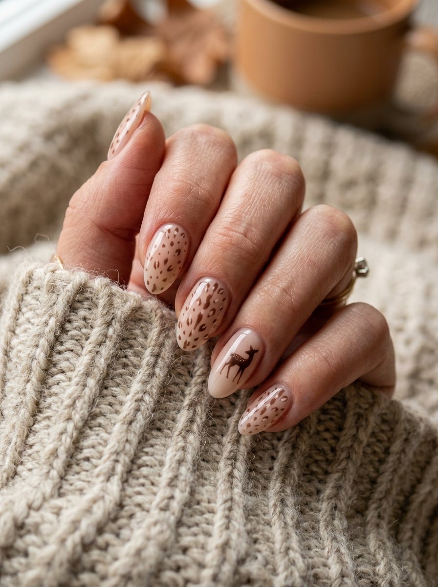 Deer print nails with a fine cocoa brown spotted pattern on a milky base