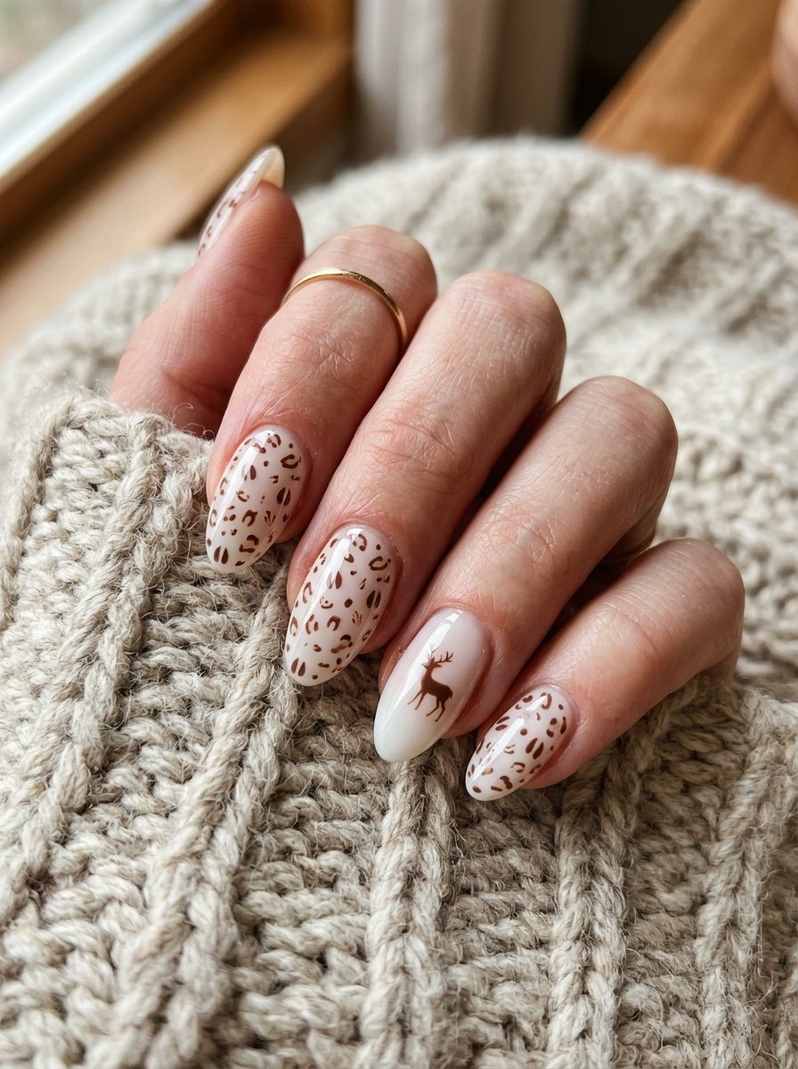 Fawn print manicure in cream and chocolate tones on almond nails