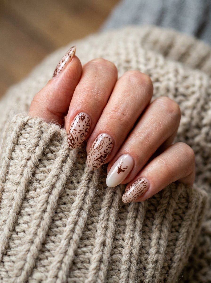 Deer print nail art with a minimalist deer silhouette accent nail