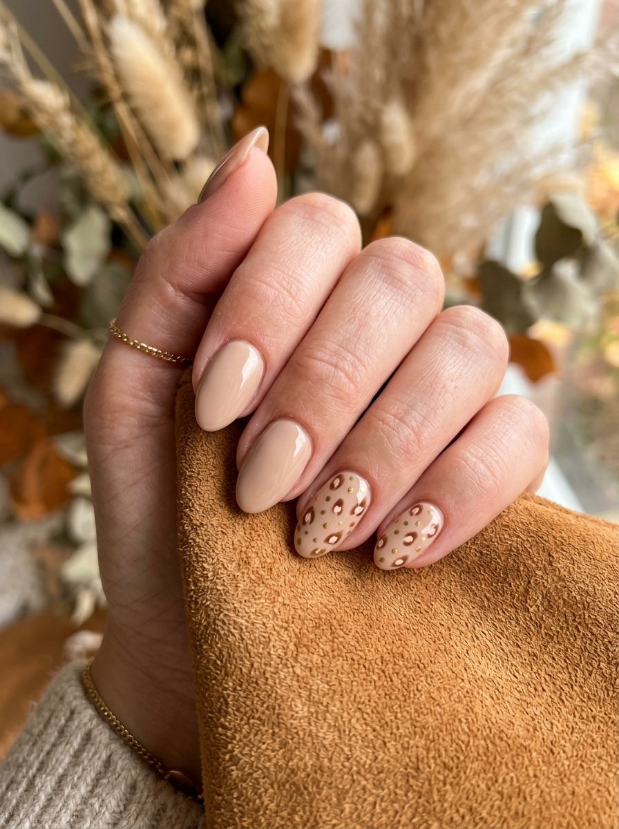 Short almond fawn nails with irregular deer spots and tiny gold dots