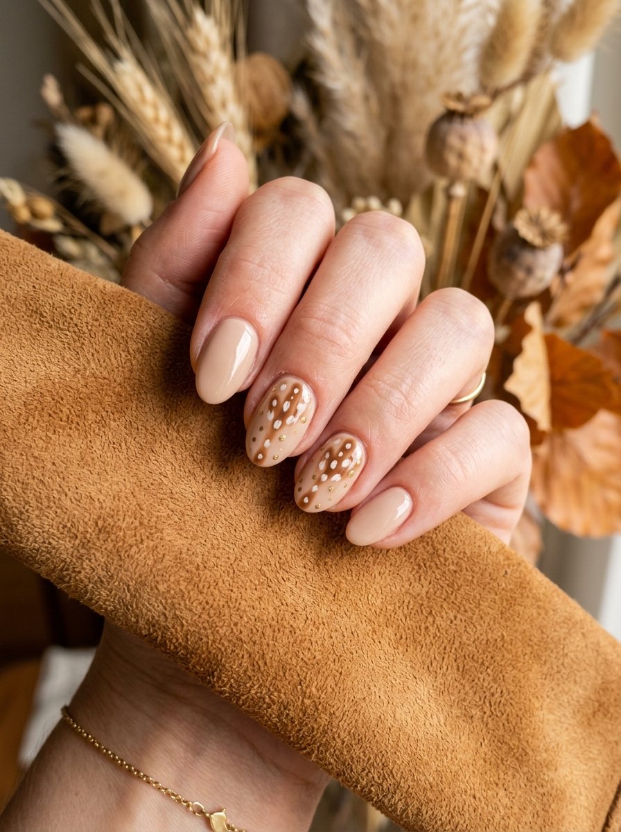 Fawn spot manicure photographed on caramel suede