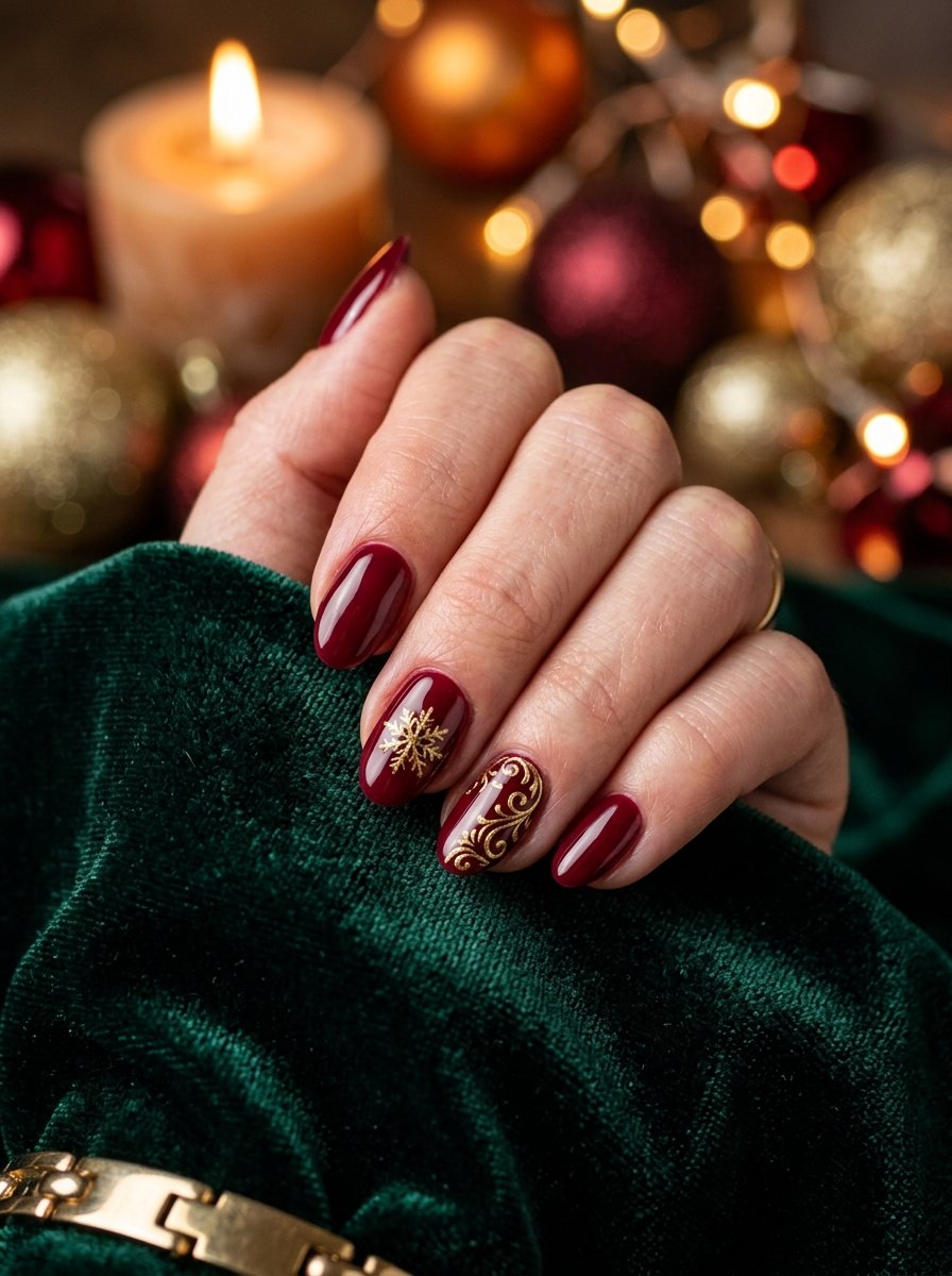 Cranberry burgundy nails with gold detailing on dark green velvet