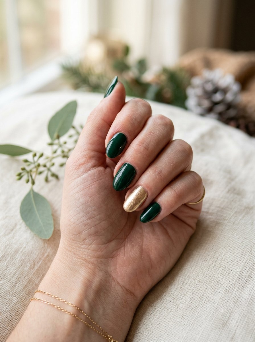 Short almond nails in forest emerald green with a single gold accent