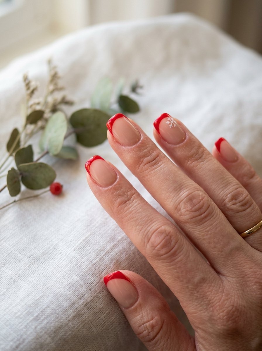 Short squoval nails with crisp red French tips on a sheer nude base
