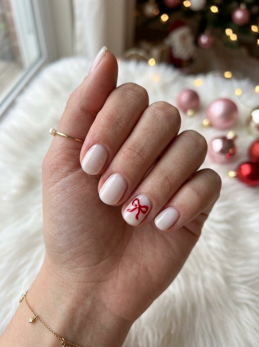 Milky white nails with a tiny hand-painted red bow accent