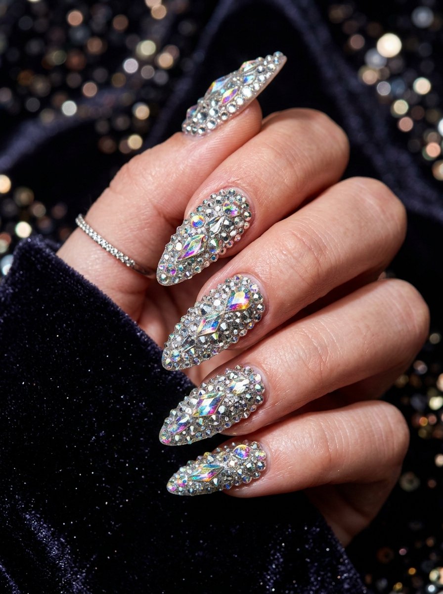 Long almond nails with full rhinestone coverage in crystal and silver