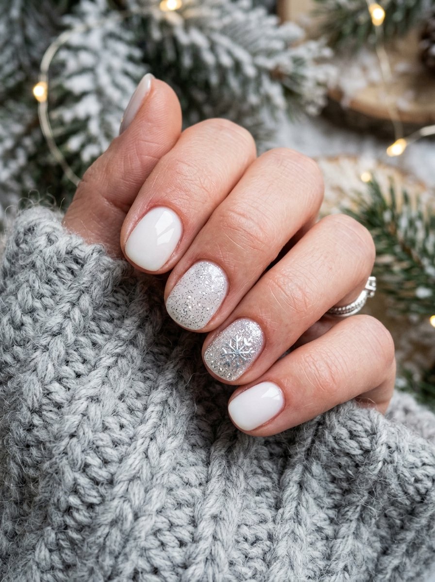 Milky white nails with silver glitter accents and a snowflake