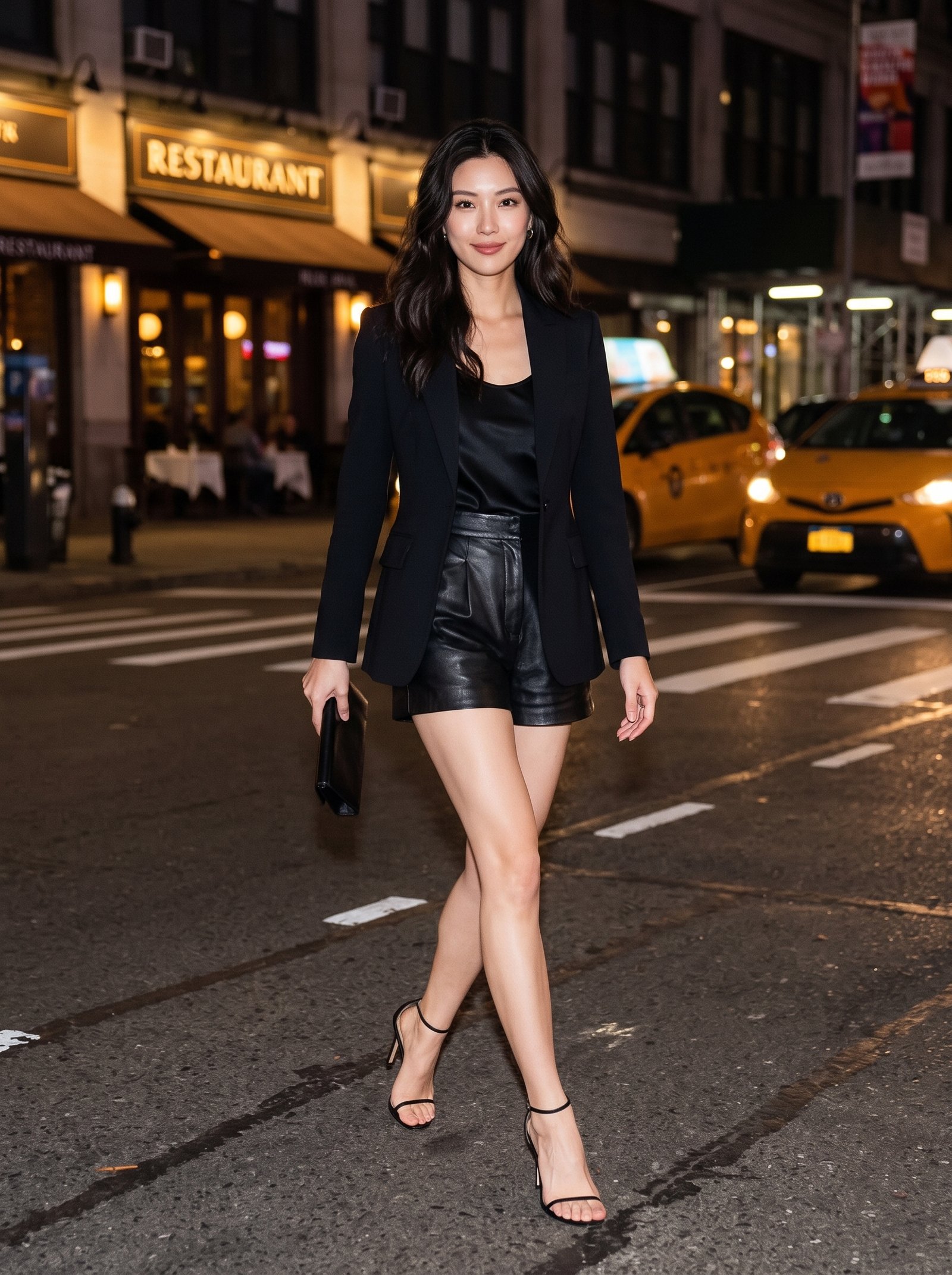 Black blazer worn over a leather skirt with heeled sandals on an evening street