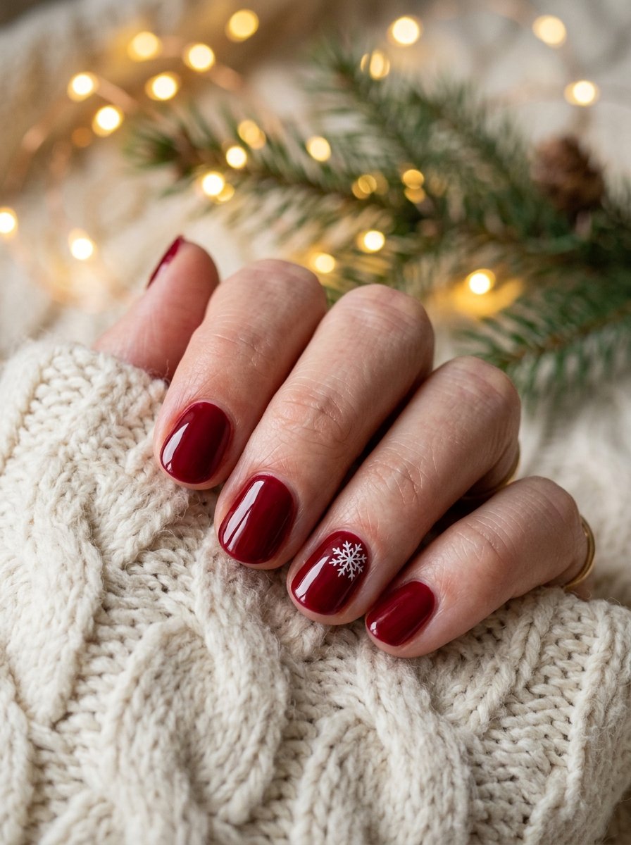 Short nails in deep classic red with a white snowflake accent