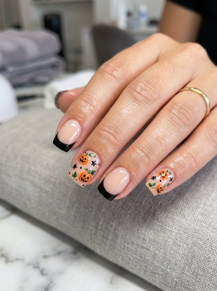 Short natural nails with a subtle pumpkin accent, styled with autumn decor