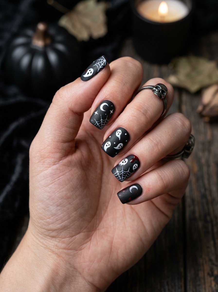 Dark navy and black Halloween nails with white ghost silhouettes and glossy finish