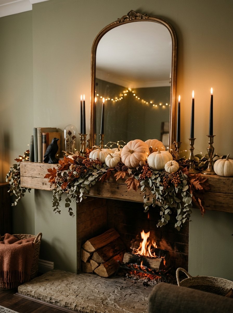 Styled mantel with heirloom pumpkins, black taper candles and dried eucalyptus
