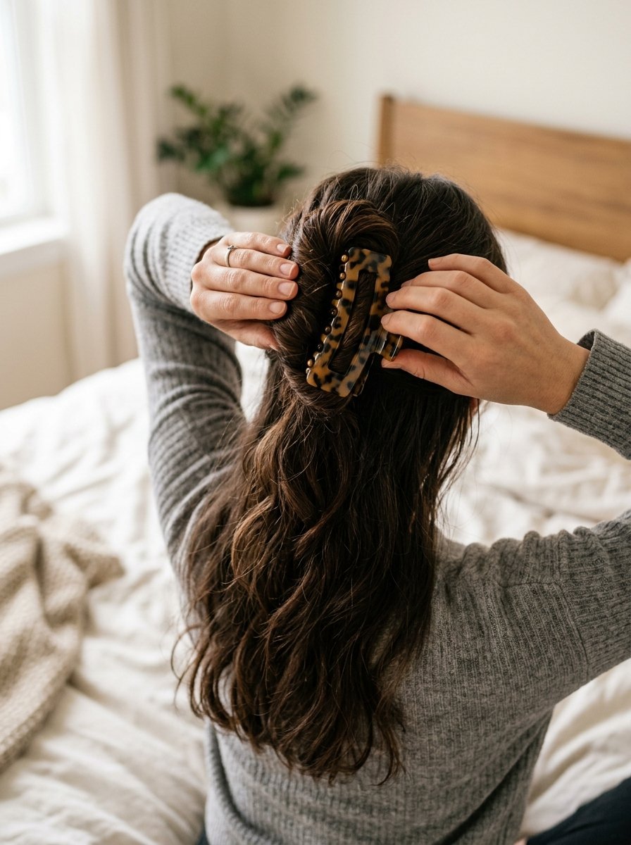Hands placing a tortoiseshell claw clip at the crown of long dark wavy hair