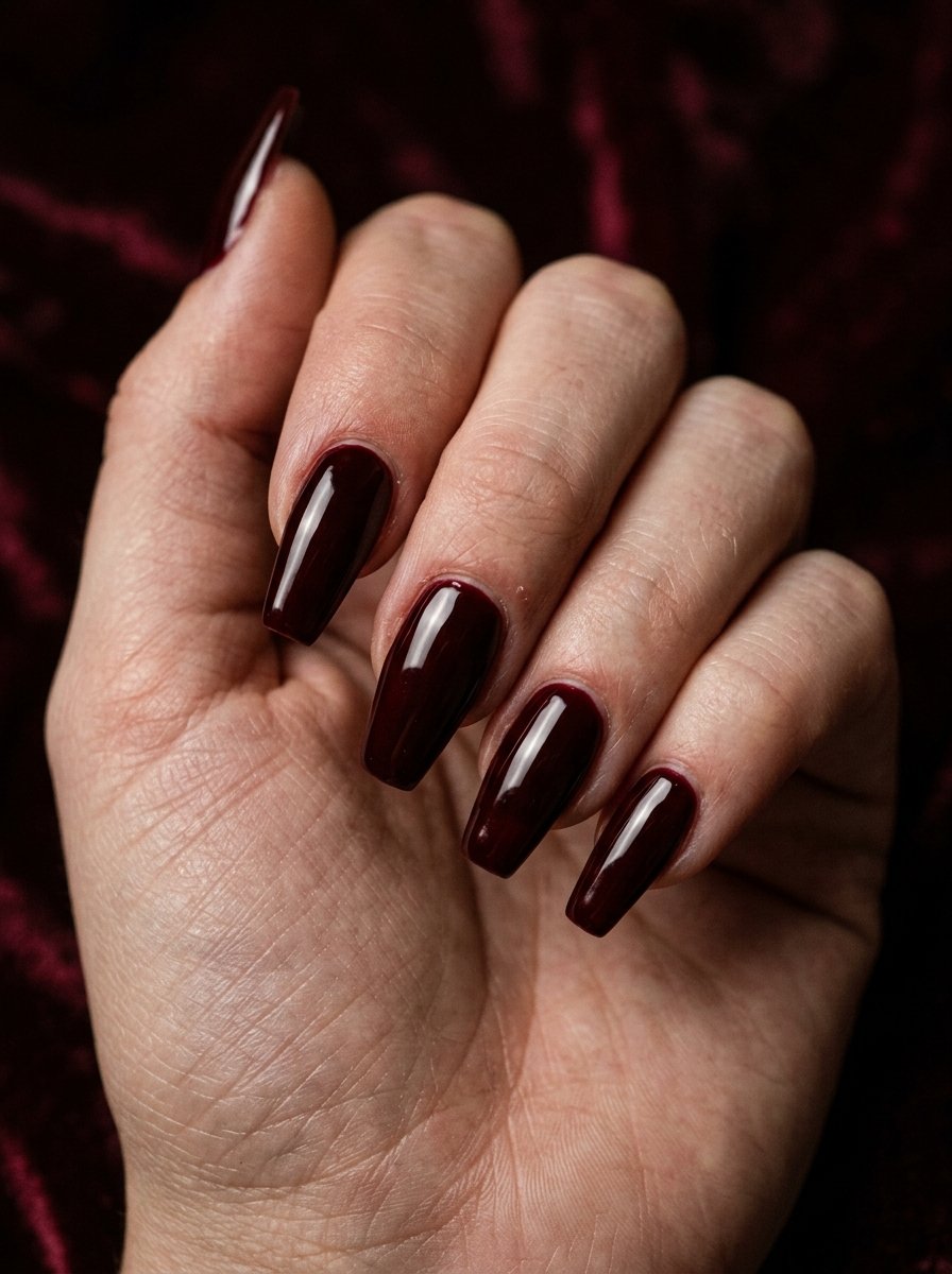 Deep glossy red manicure on short nails