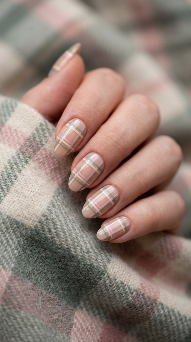 Soft tartan plaid nail art in pink, cream and sage green