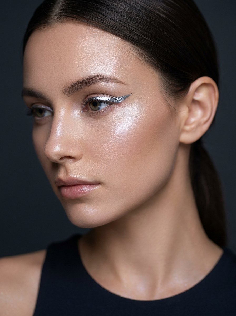 Chrome eyeliner and high-shine iridescent makeup look