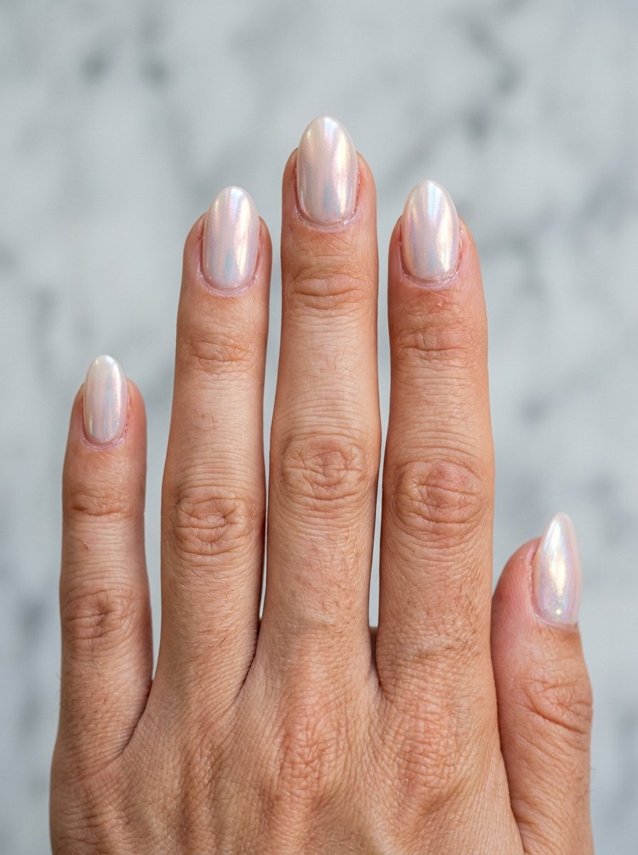 Neutral nude manicure on short natural nails
