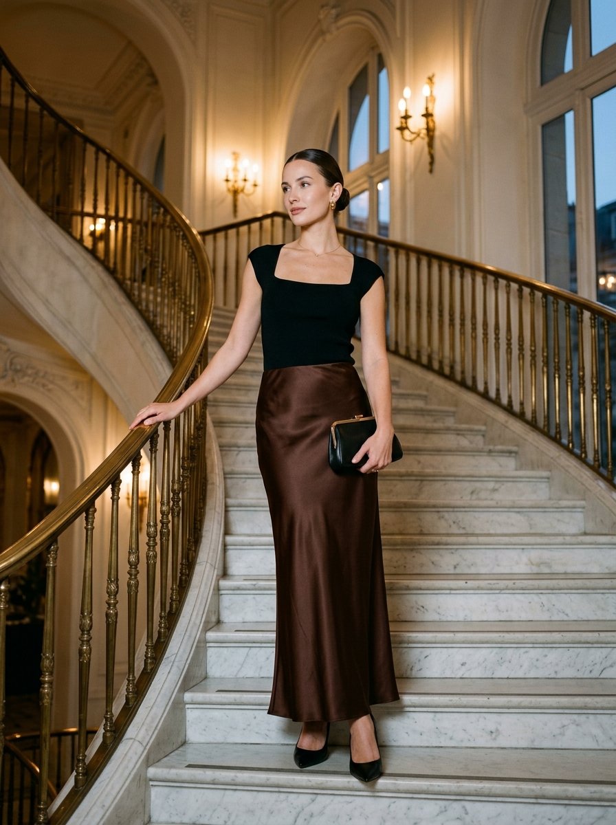 Wedding guest holding a black clutch on a marble staircase