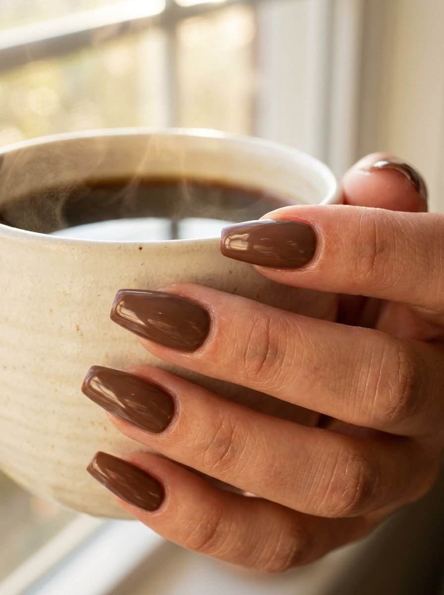 Chocolate brown glossy nails holding a coffee mug