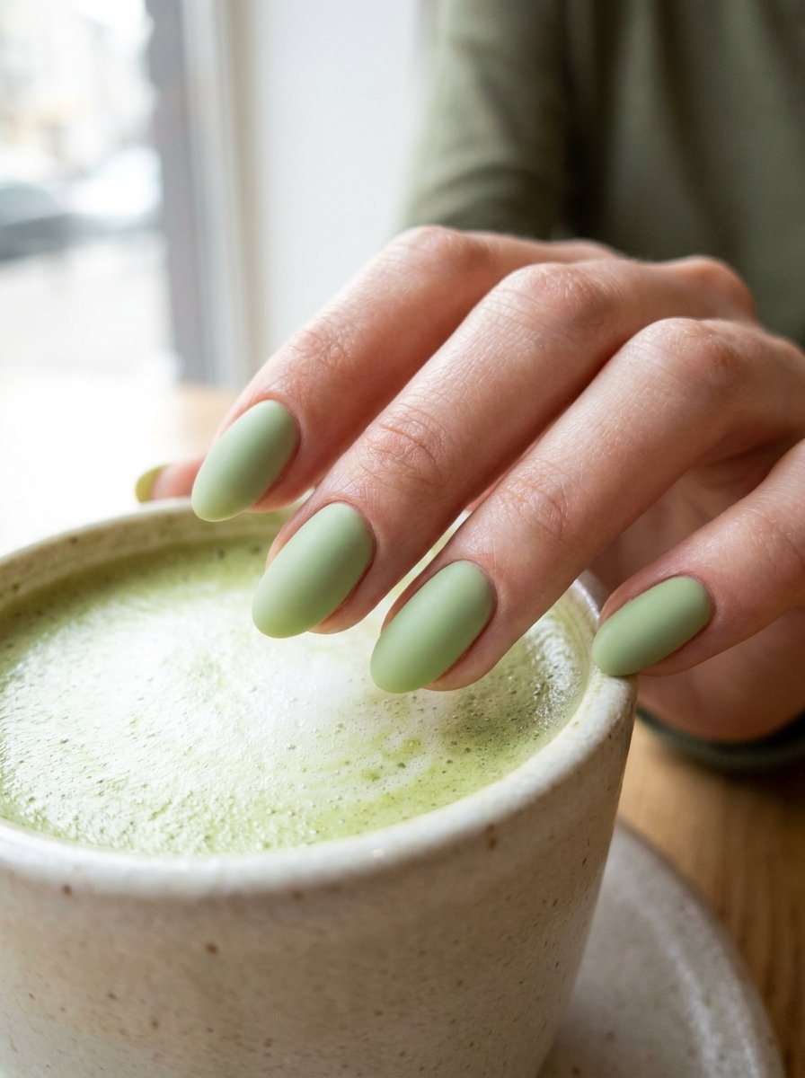 Soft matcha green pastel nails
