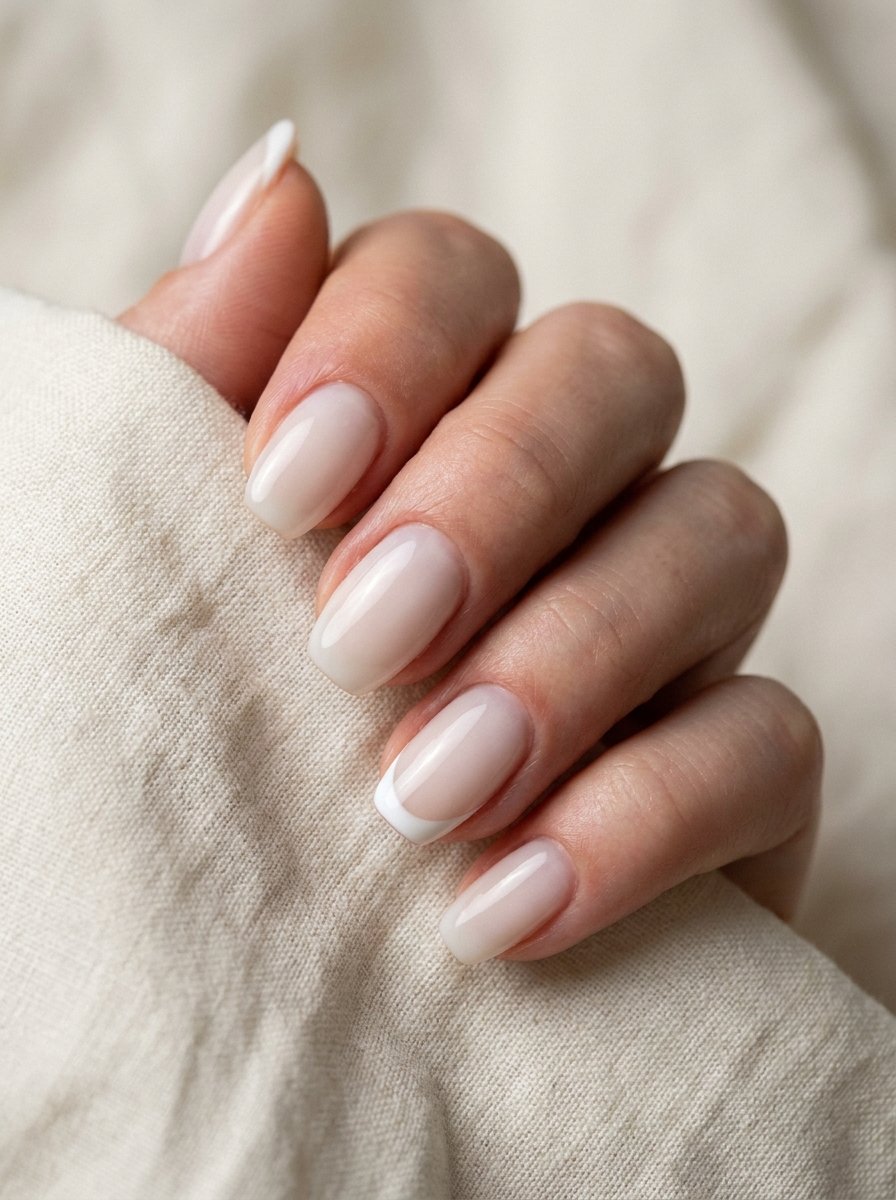 Short milky white nails with a glossy finish