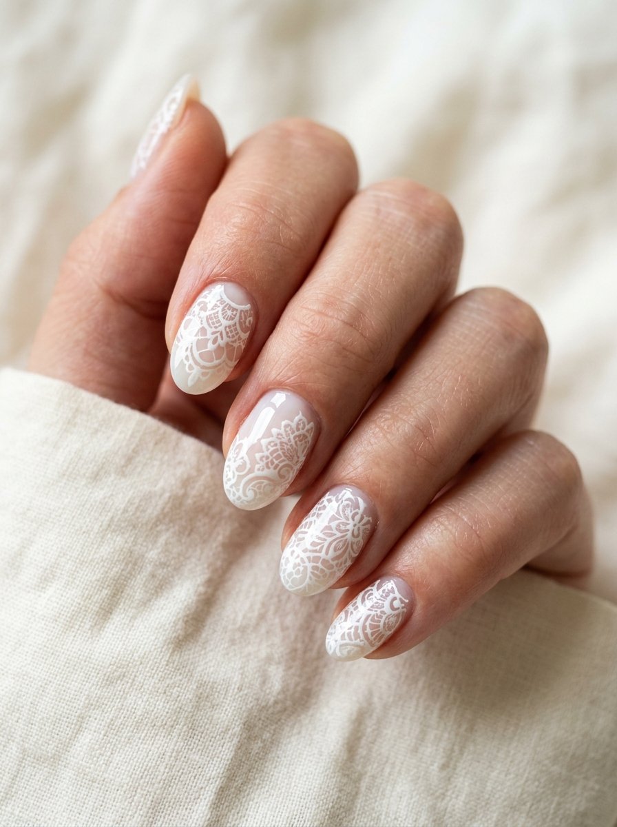 White lace pattern nail art over a sheer nude base