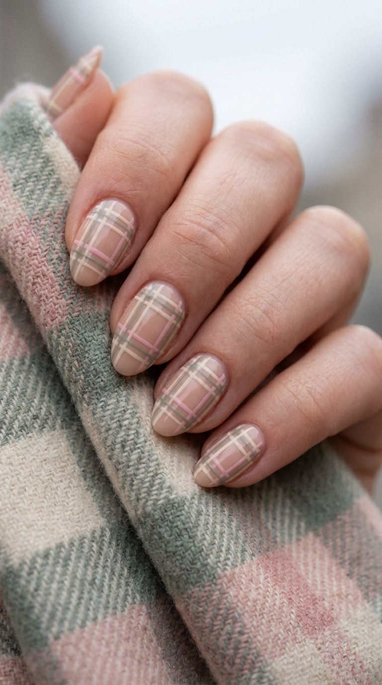 Soft plaid check nail art in muted autumn tones