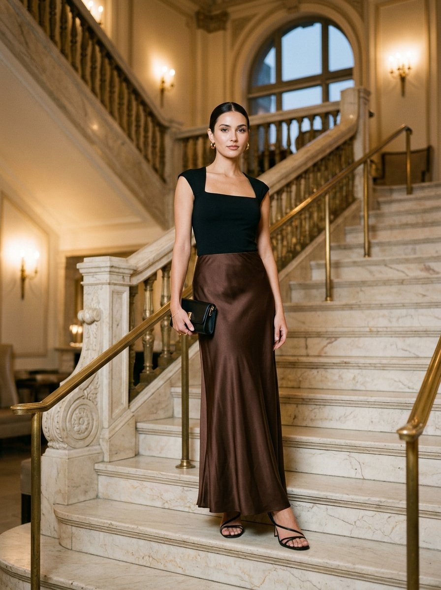 Wedding guest outfit: black square-neck top with a chocolate brown satin maxi skirt