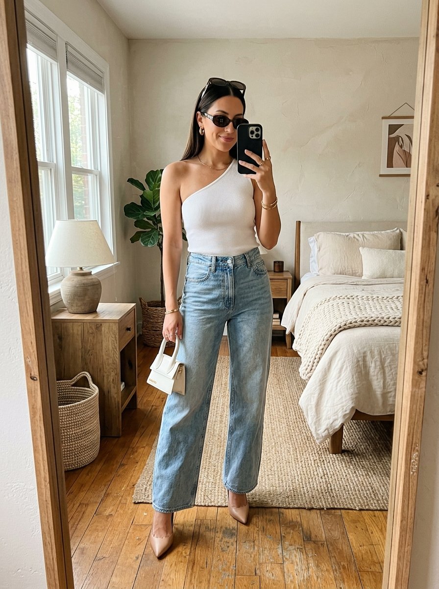 Casual date night outfit with white top and wide-leg jeans