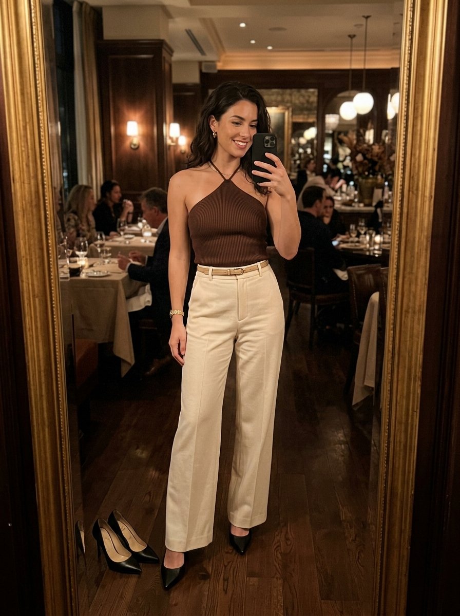 Elegant dinner date outfit in chocolate brown and cream