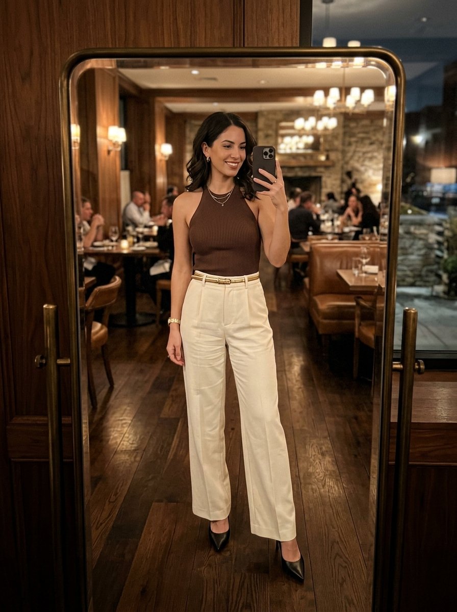 Old money style outfit in chocolate brown and cream wide-leg trousers