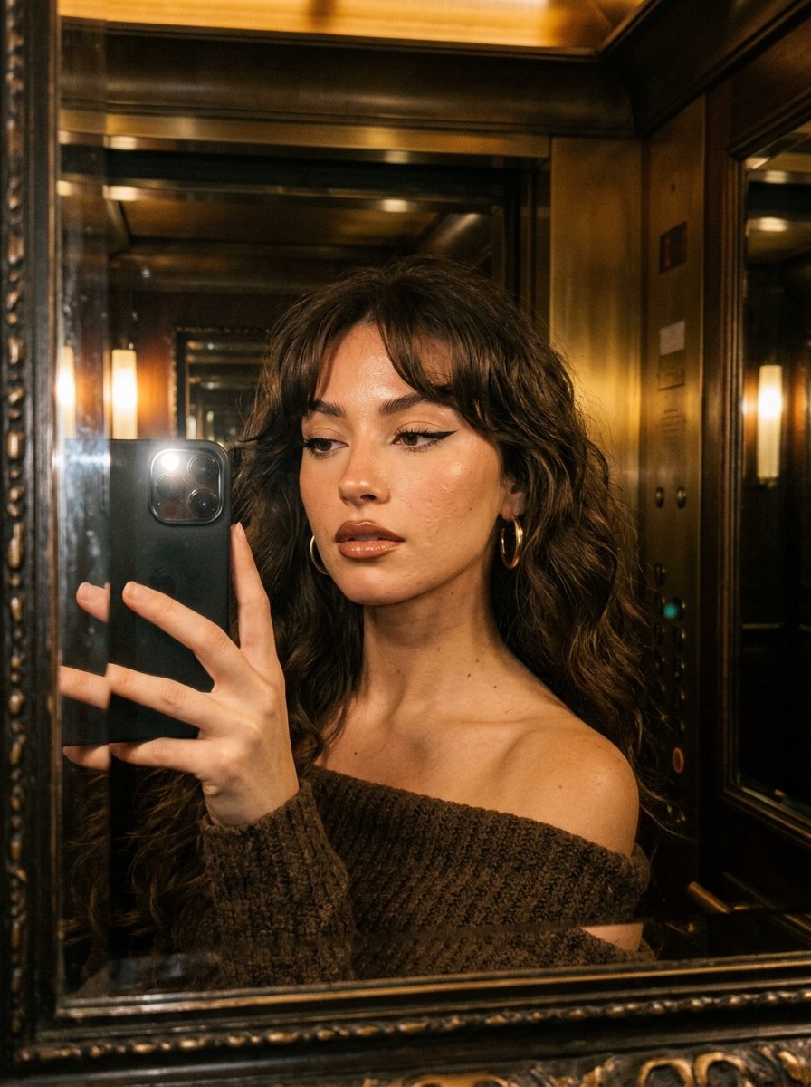 Long wavy brown hair with curtain bangs