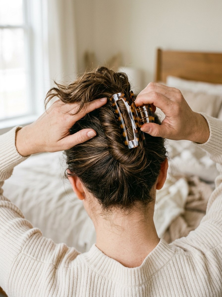Back of a woman's head as she clips her hair into a claw clip, wearing a cream knit sweater