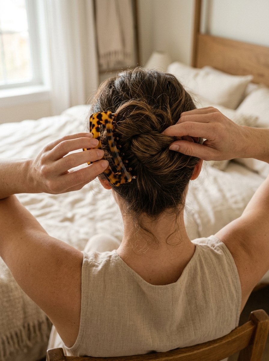Back view of a woman fastening a tortoiseshell claw clip into a twisted updo
