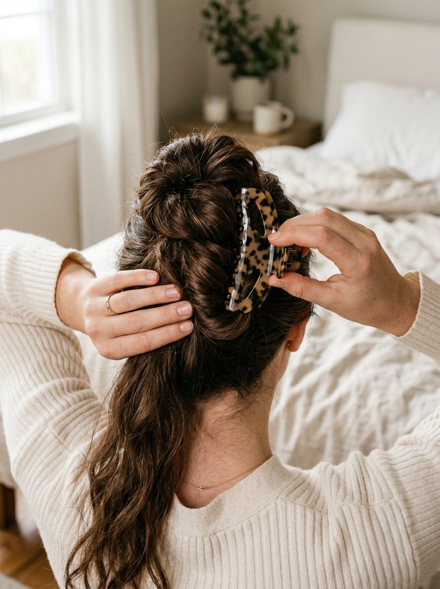 Half-up twist secured with a tortoiseshell claw clip, remaining hair falling loose