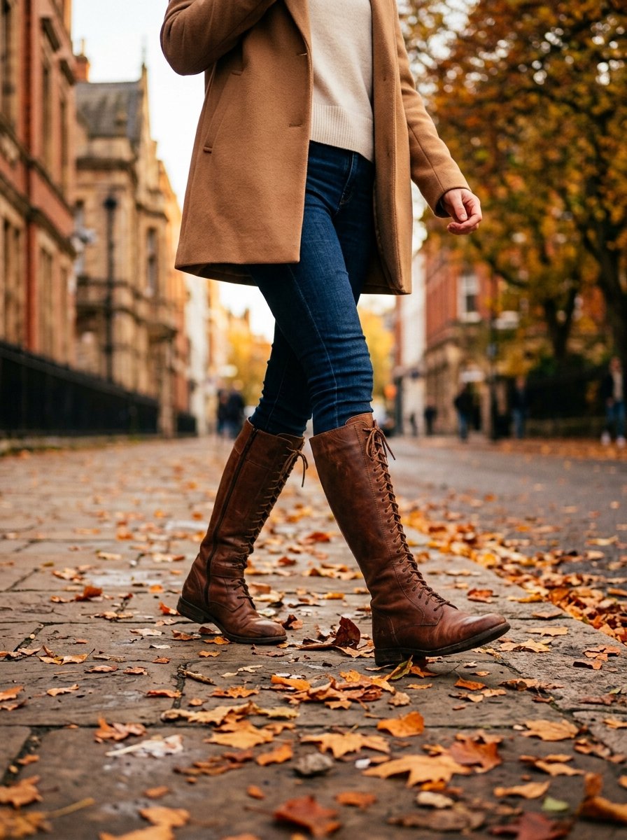 Tall brown leather riding boots worn with dark denim on an autumn pavement