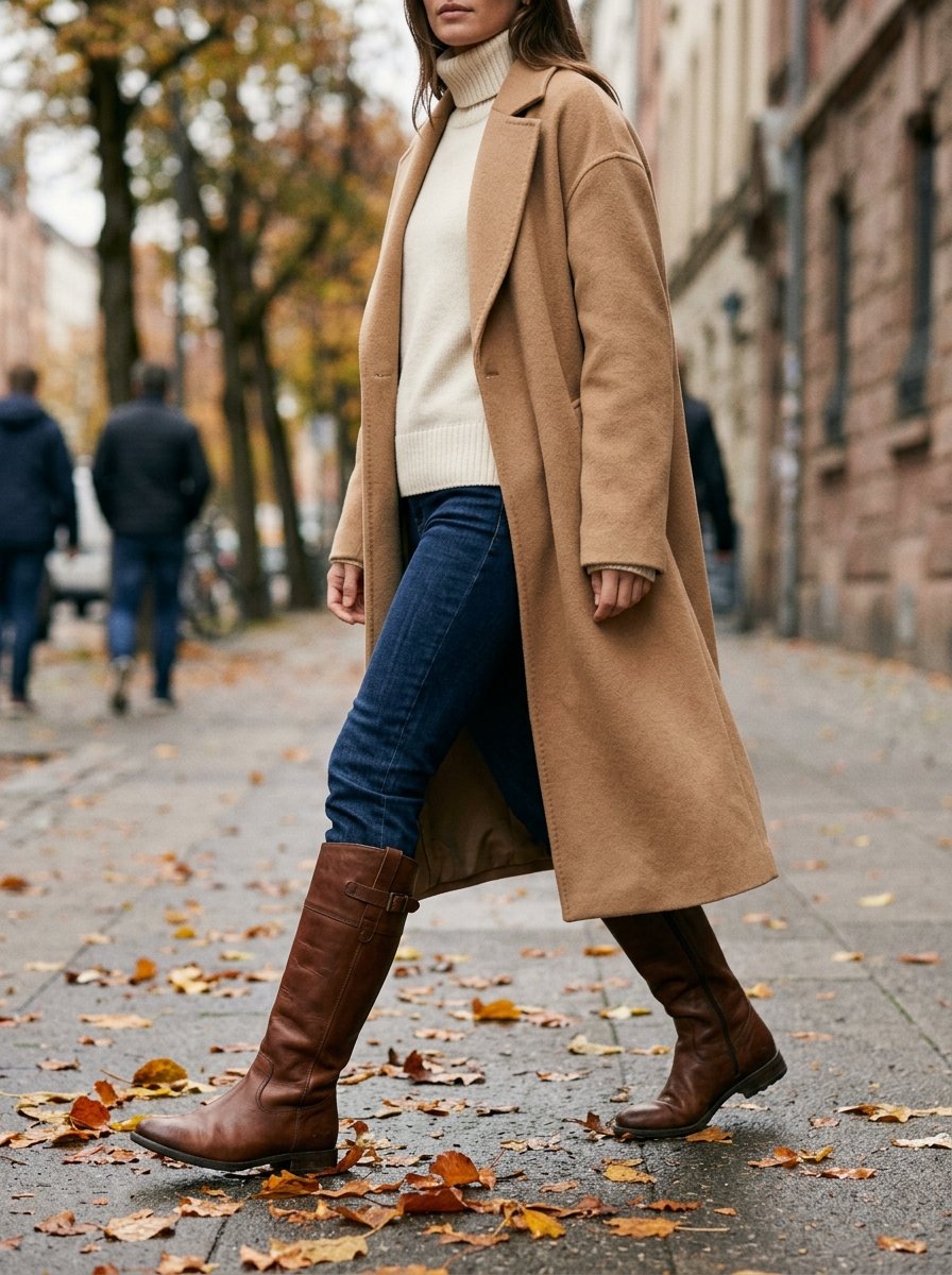 Woman in a camel coat and brown boots walking a tree-lined street