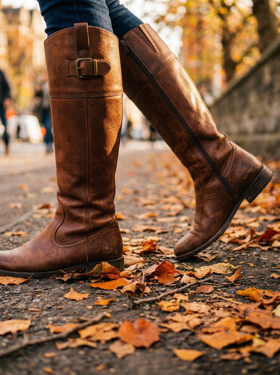 Woman in tall brown leather boots walking a pavement scattered with autumn leaves