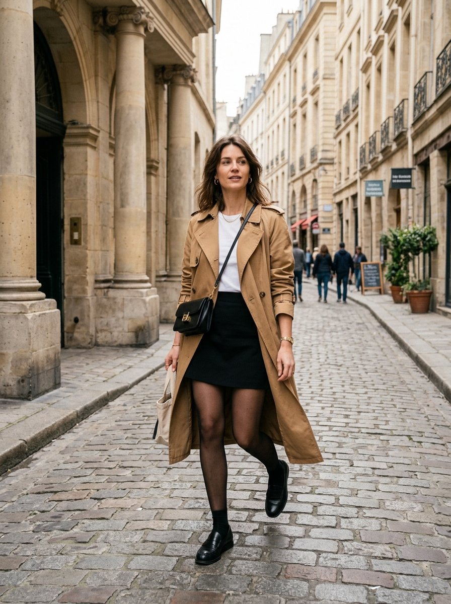 Woman wearing a camel trench coat, white tee and black mini skirt on a city street