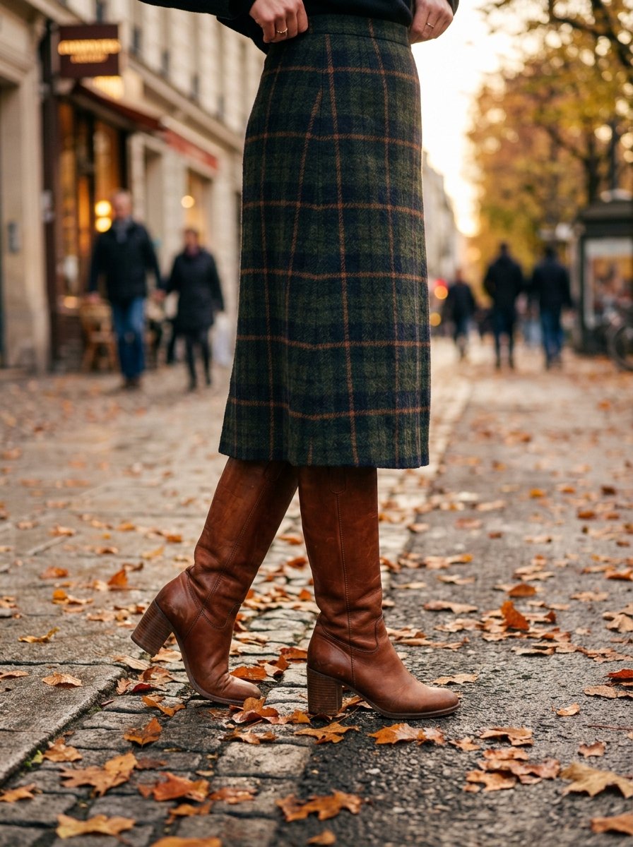Green tartan midi skirt with brown heeled knee-high boots on a leaf-covered pavement