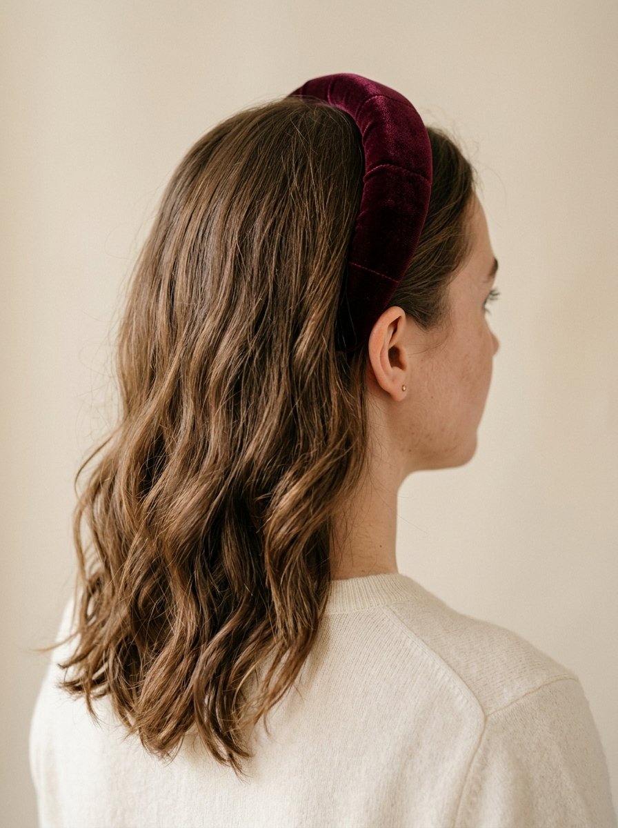 Burgundy velvet padded headband styled over long waves