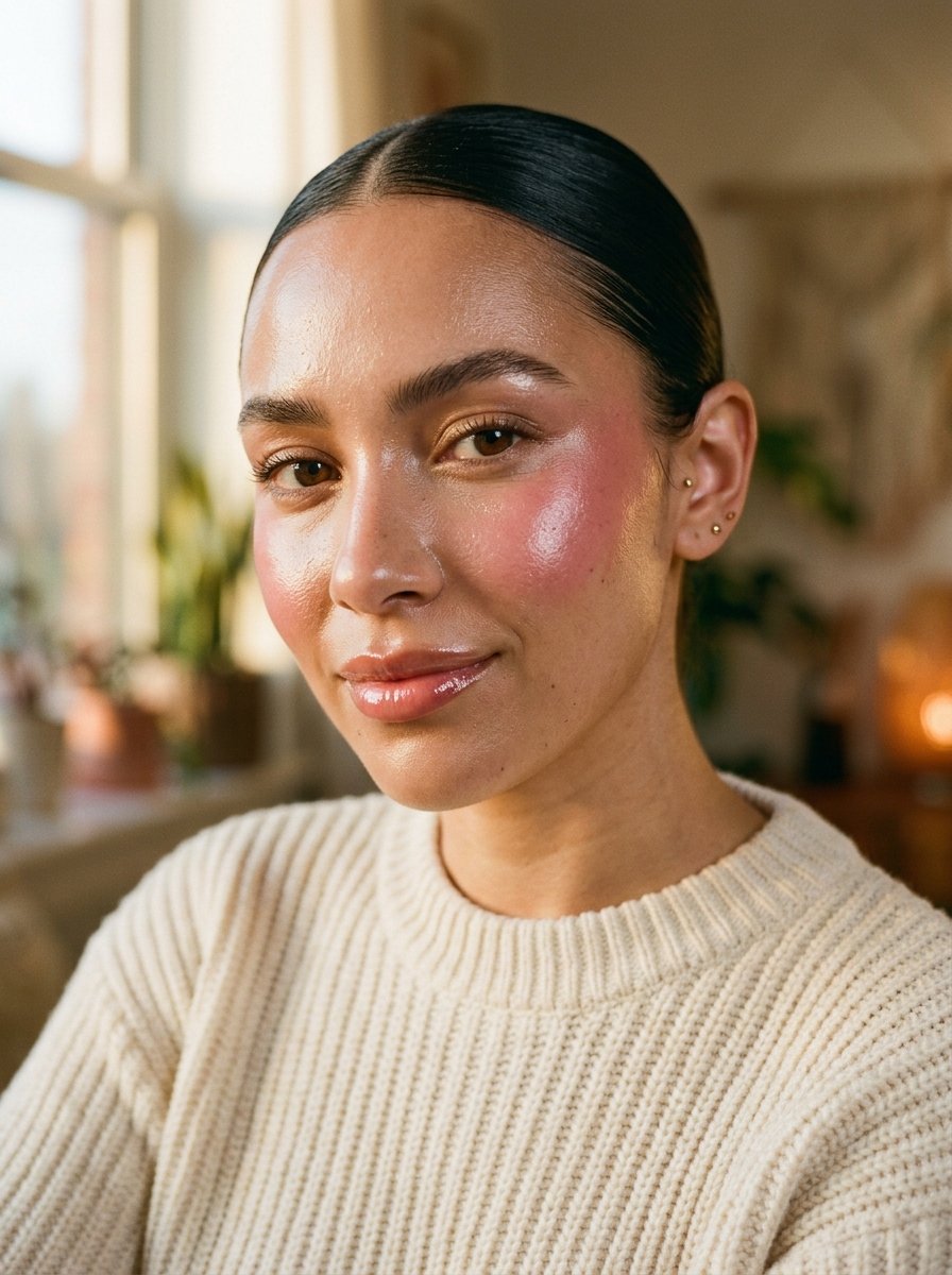 Glossy dewy everyday makeup look with cream blush