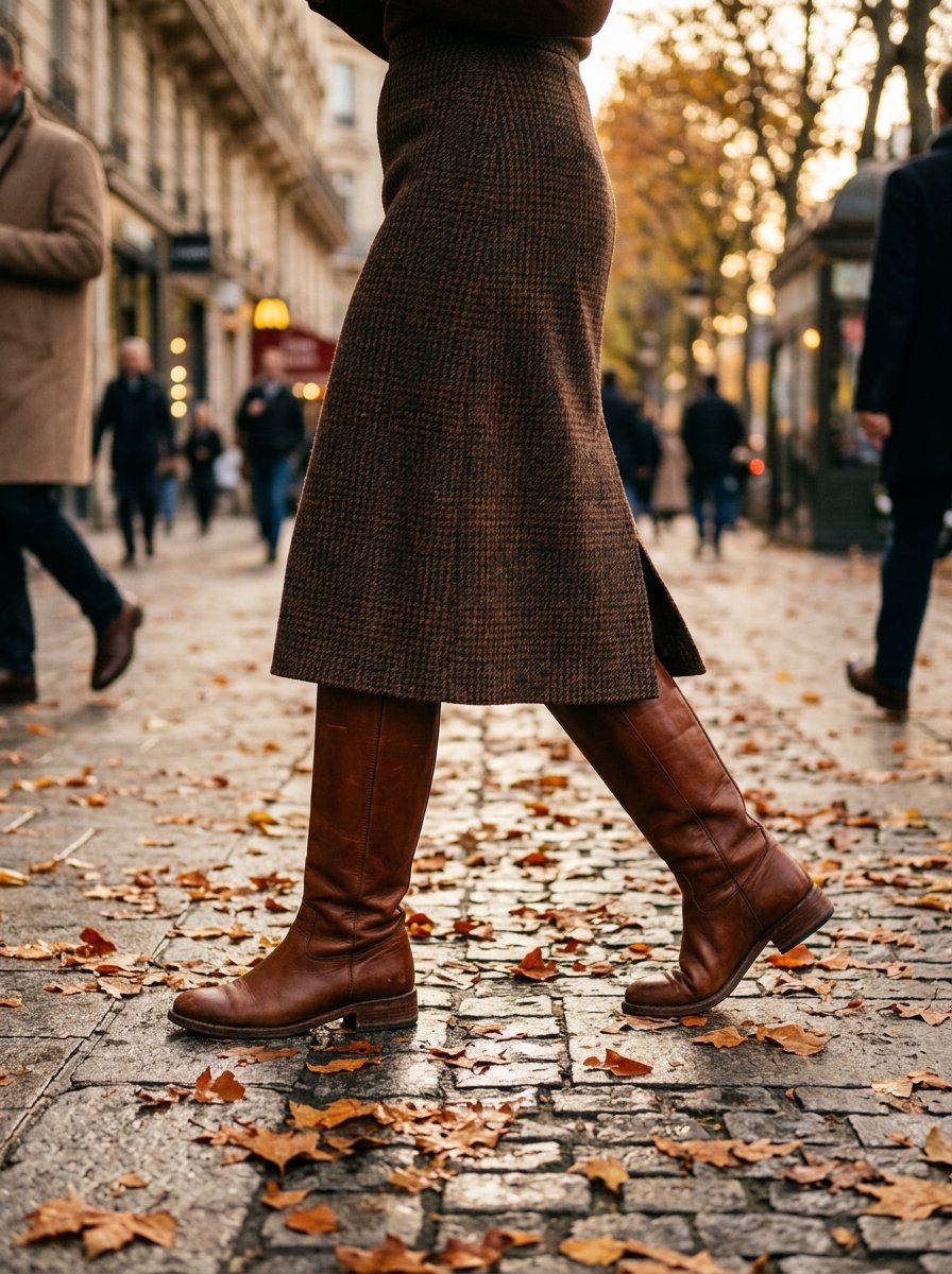 Brown tweed midi skirt and tall brown leather knee-high boots on a cobbled street