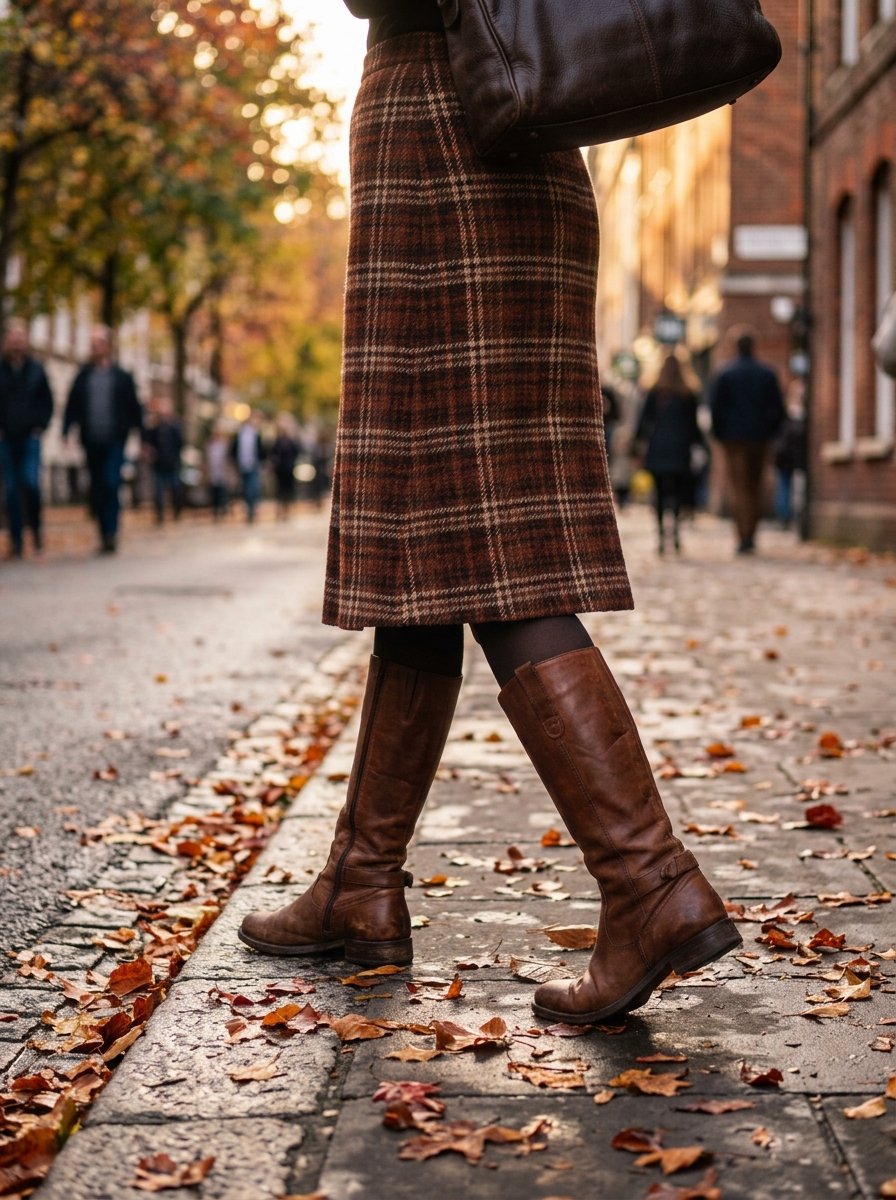 Brown plaid midi skirt worn with tall brown leather knee-high boots on an autumn street