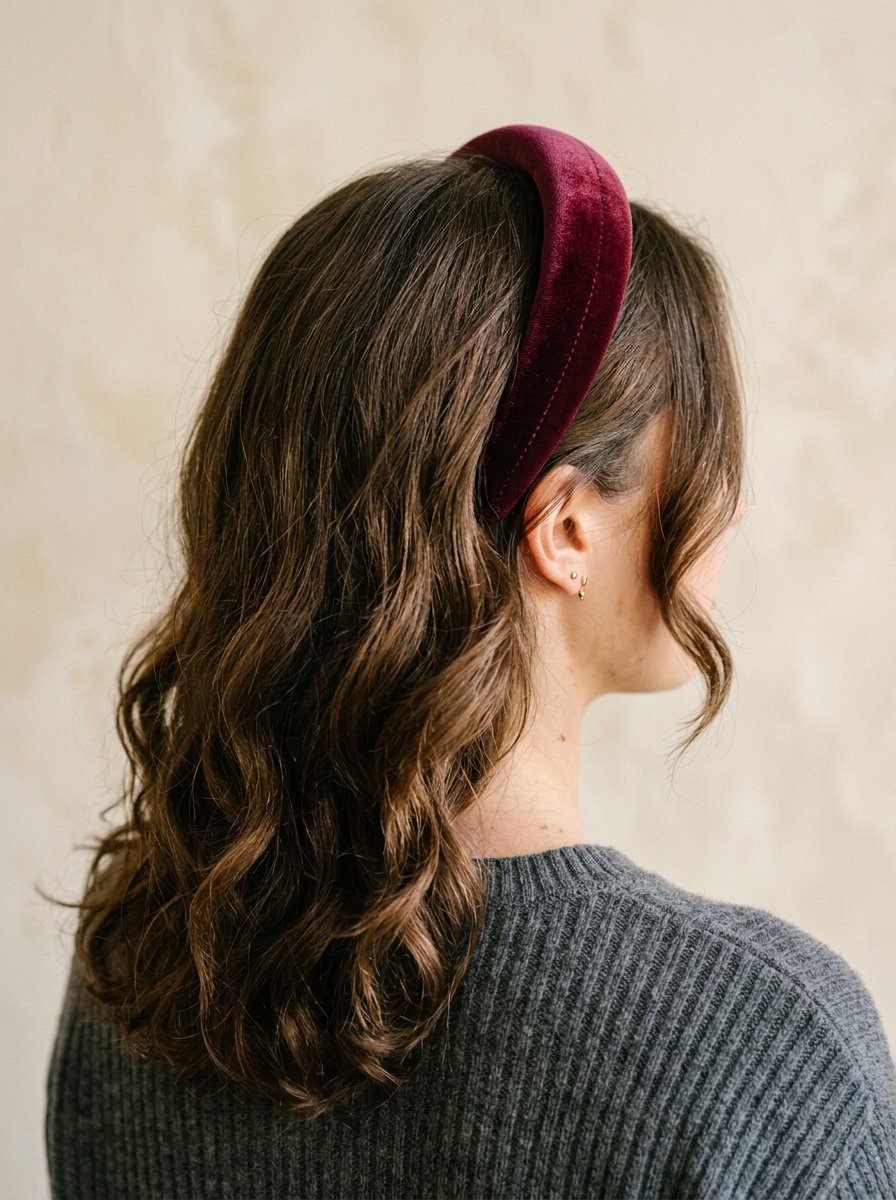 Woman wearing a padded velvet headband over loose waves