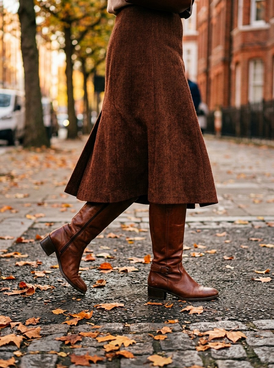 Woman walking in a rust brown wool A-line midi skirt and brown knee-high boots
